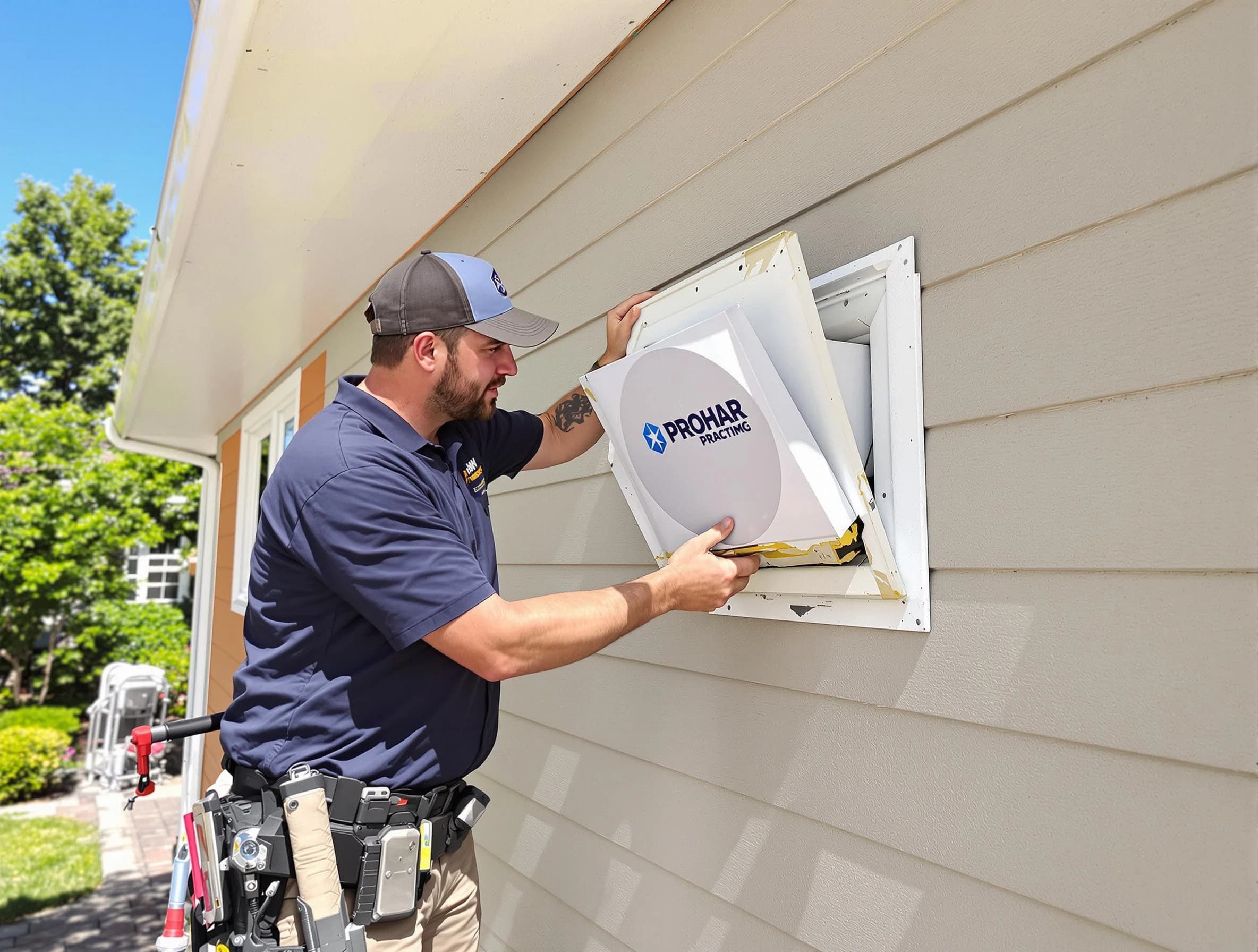 Taylorsville Dryer Vent Cleaning technician installing a new protective dryer vent cover on a home in Taylorsville